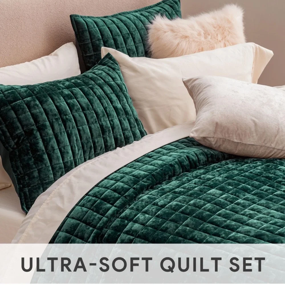 🆕 Green Velvet King SET Bedding Velour Luxury Soft Hotel Glam Emerald Jewel NWT